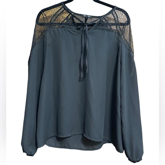 Long Sleeve Blouse Black Sheer with Lace Neckline and Shoulders Size Medium - Picture 1 of 2